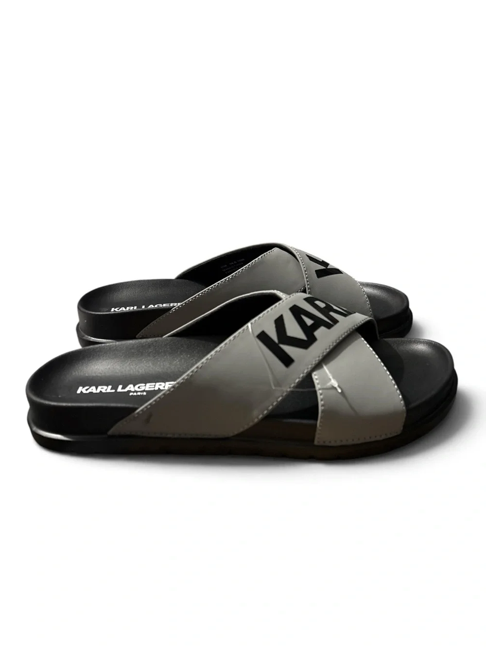 Karl Lagerfeld Men’s Grey Cross-Strap Slide Sandals with KARL Logo